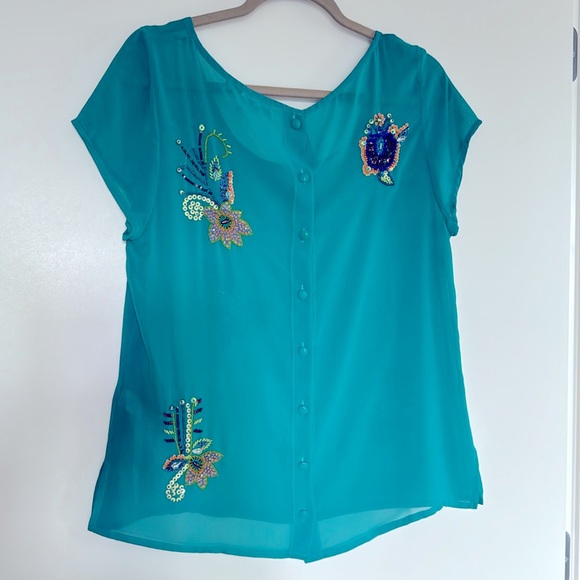 Forever 21 Turquoise Embellished Beaded Button Top Turquoise L - Picture 6 of 8